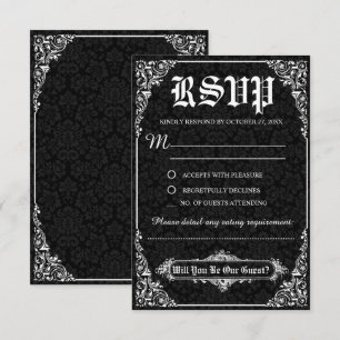 Schwarze Gothic-Victorian-Damask-Hochzeits-RSVP-Ka Einladung