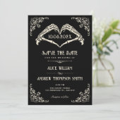 Schwarze gotische Bogen Hochzeit Save The Date (Stehend Vorderseite)