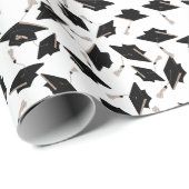 Schwarze Graduierungsklappen in der Luft auf Weiß  Geschenkpapier (Rolleneckpunkt)