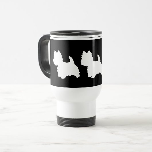 Schwarze Grafik Reisebecher (Vorderseite Links)