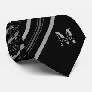 Schwarze & graue diagonale Streifen mit Monogramm Krawatte