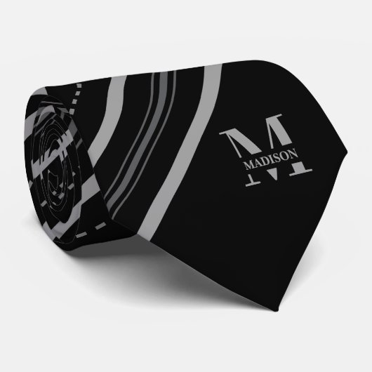 Schwarze & graue diagonale Streifen mit Monogramm Krawatte (Gerollt)