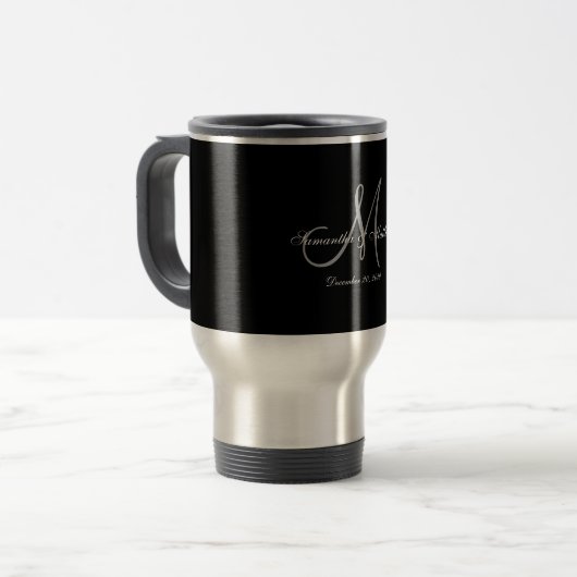 Schwarze graue elegante Monogramm-Hochzeit Reisebecher (Vorderseite Links)