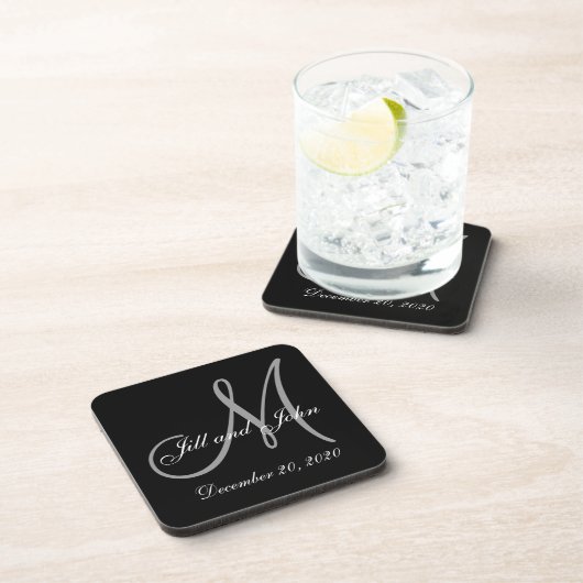 Schwarze graue elegante Monogramm-Hochzeit Untersetzer (Rechte Seite)
