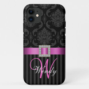 Schwarze graue Pink-Damast-Streifen Case-Mate iPhone Hülle