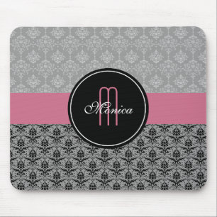 Schwarze Graue Pink Vintage Blumen Damast Monogram Mousepad