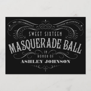 Schwarze, graue und weiße süße 16 Masquerade-Einla Einladung