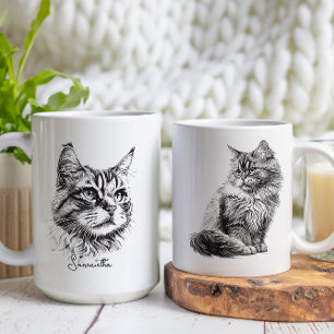 Schwarze Gravur Cat Head Sketch Kunst Kaffeetasse