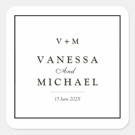Schwarze Grenze Einmalige Hochzeit Quadratischer Aufkleber (Vorderseite)