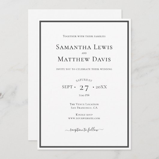 Schwarze Grenze formell in einer Hochzeit Einladung (Vorne/Hinten)