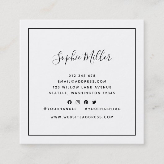 Schwarze Grenzen Kalligrafie Script Social Media Quadratische Visitenkarte (Vorderseite)