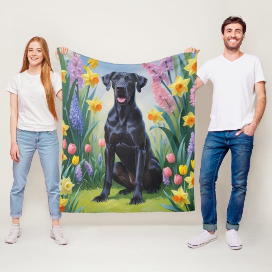 Schwarze, großartige Dog-Frühlingsblumen Malerei Fleecedecke (Beispiel)