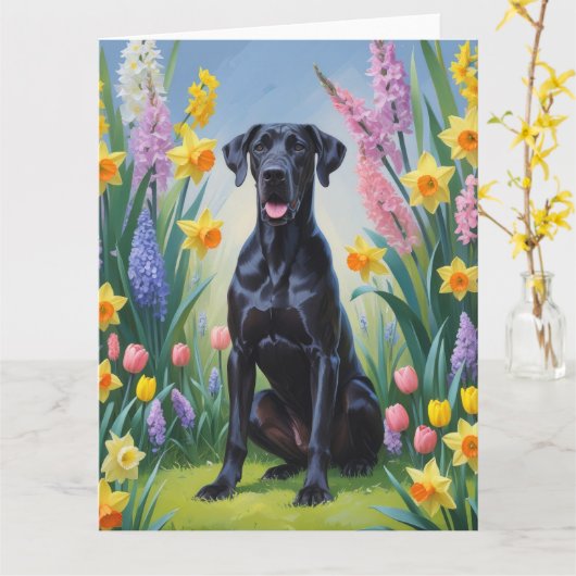 Schwarze, großartige Dog-Frühlingsblumen Malerei Karte (Gelbe Blume)