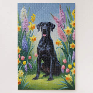 Schwarze, großartige Dog-Frühlingsblumen Malerei Puzzle