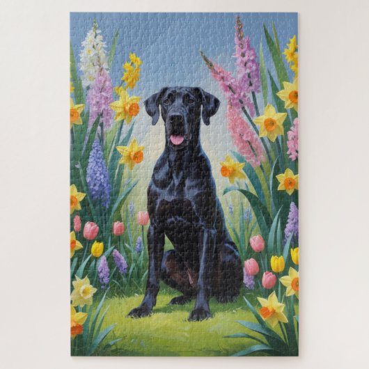 Schwarze, großartige Dog-Frühlingsblumen Malerei Puzzle (Vertikal)