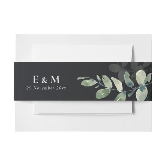 SCHWARZE GRÜNE EUCALYPTUS WATERCOLOR MONOGRAM WEDD EINLADUNGSBANDEROLE (Vorderseite Beispiel)