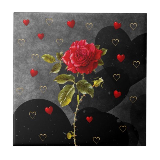Schwarze Grunge Herz mit Rote Rose Fliese (Vorderseite)