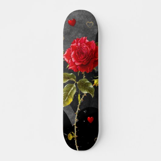 Schwarze Grunge-Herzen mit Roter Rose Skateboard (Vorne)