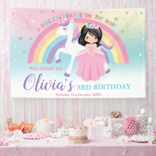 Schwarze Haar Prinzessin Rosa Einhorn Geburtstags Banner