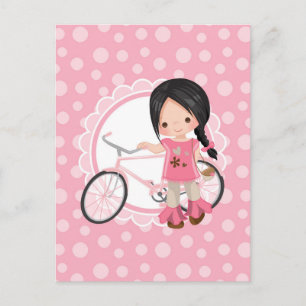 Schwarze Haare Fahrrad Mädchen - Rosa Weiß Postkarte