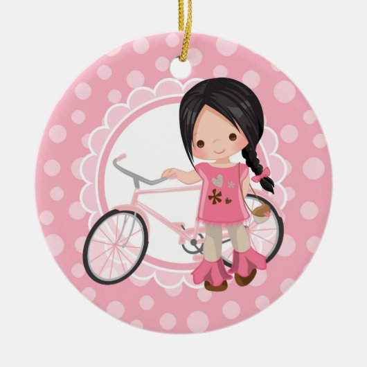 Schwarze Haare Fahrradmädchen - Rosa Weiß Keramik Ornament (Vorne)