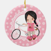 Schwarze Haare Fahrradmädchen - Rosa Weiß Keramik Ornament (Hinten)