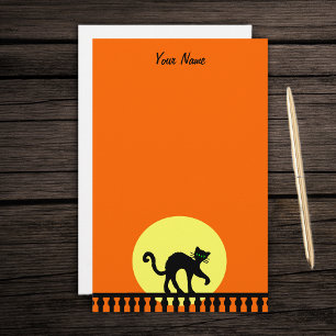 Schwarze Halloween-Katze auf Zaun-Gelben-Mond-Oran Briefpapier