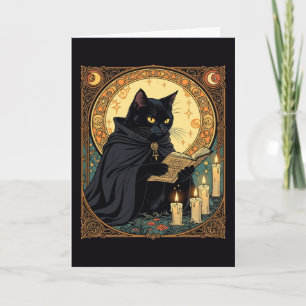 Schwarze Halloween-Katze beim Lesen eines Buches Feiertagskarte