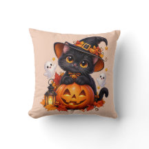 Schwarze Halloween-Katze Kürbis Kissen