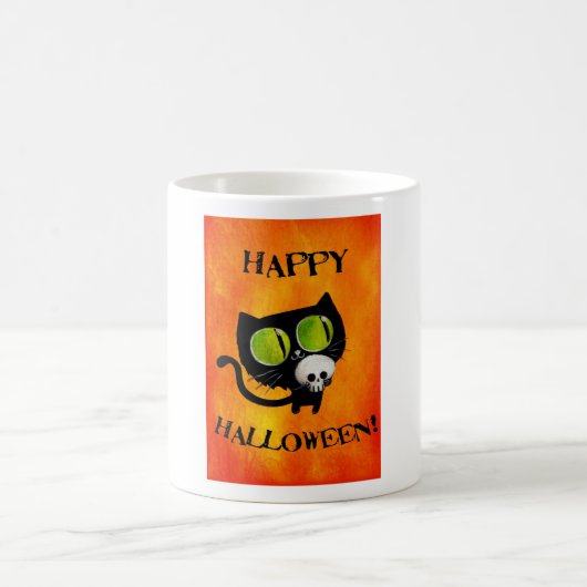 Schwarze Halloween-Katze mit dem Schädel Kaffeetasse (Mittel)