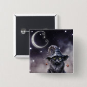 Schwarze Halloween-Katze mit einem Hexenhut Button (Vorne & Hinten)