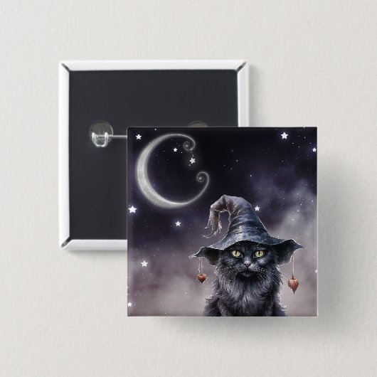Schwarze Halloween-Katze mit einem Hexenhut Button (Vorne & Hinten)