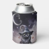 Schwarze Halloween-Katze mit einem Hexenhut Dosenkühler (Kanne Rückseite)