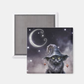 Schwarze Halloween-Katze mit einem Hexenhut Magnet (Vorderseite/Rückseite)
