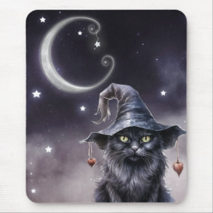 Schwarze Halloween-Katze mit einem Hexenhut Mousepad