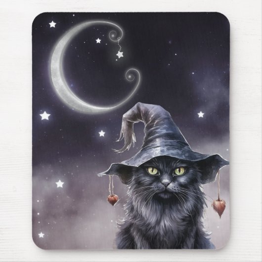Schwarze Halloween-Katze mit einem Hexenhut Mousepad (Vorne)
