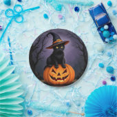 Schwarze Halloween-Katze mit einem Hexenhut Pappteller (Party)