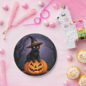 Schwarze Halloween-Katze mit einem Hexenhut Pappteller (Party)