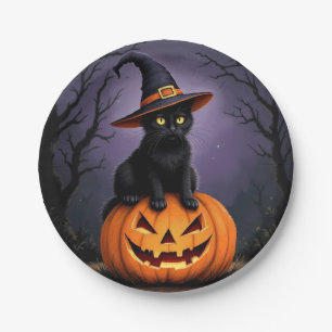 Schwarze Halloween-Katze mit einem Hexenhut Pappteller