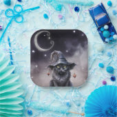 Schwarze Halloween-Katze mit einem Hexenhut Pappteller (Party)