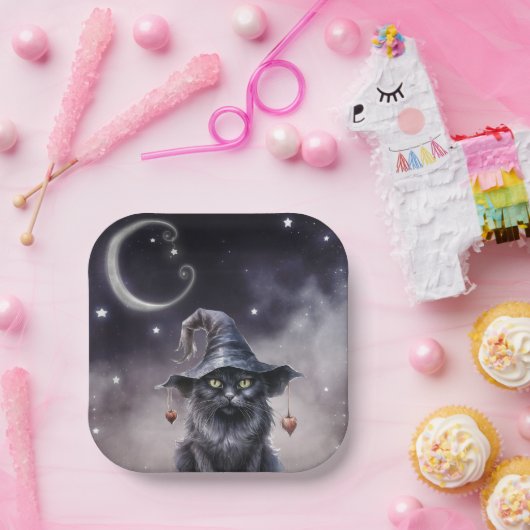 Schwarze Halloween-Katze mit einem Hexenhut Pappteller (Party)