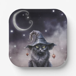 Schwarze Halloween-Katze mit einem Hexenhut Pappteller