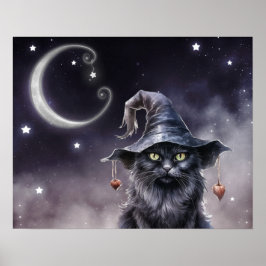 Schwarze Halloween-Katze mit einem Hexenhut Poster
