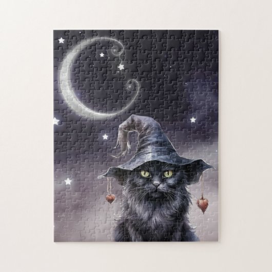 Schwarze Halloween-Katze mit einem Hexenhut Puzzle (Vertikal)