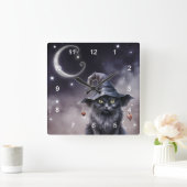 Schwarze Halloween-Katze mit einem Hexenhut Quadratische Wanduhr (Zuhause)