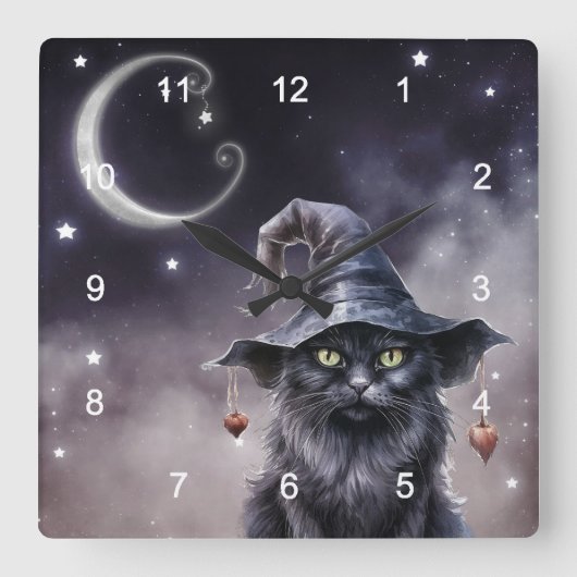 Schwarze Halloween-Katze mit einem Hexenhut Quadratische Wanduhr (Vorderseite)