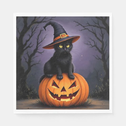 Schwarze Halloween-Katze mit einem Hexenhut Serviette (Vorderseite)
