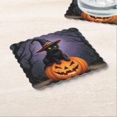 Schwarze Halloween-Katze mit einem Hexenhut Untersetzer (angewinkelt)