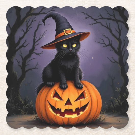 Schwarze Halloween-Katze mit einem Hexenhut Untersetzer (Vorderseite)