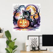 Schwarze Halloween-Katze mit Jack-O-Lantern, Schwa Poster (Heimbüro)